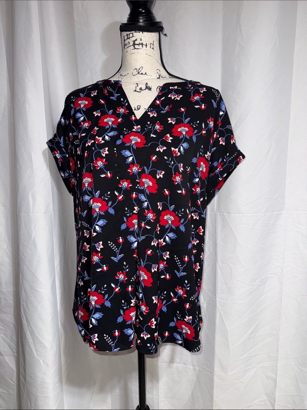 Talbots Black Short-Sleeve Blouse with Red & Blue Floral Print